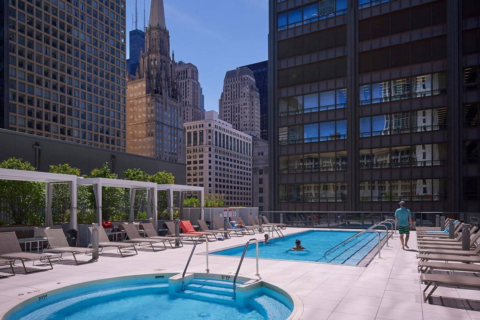 Marquee at Block 37 rooftop pool with Loop skyline, Chicago