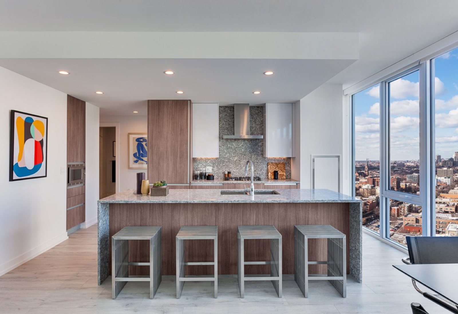 Old Town Park kitchen with floor-to-ceiling windows and skyline view, Old Town Chicago