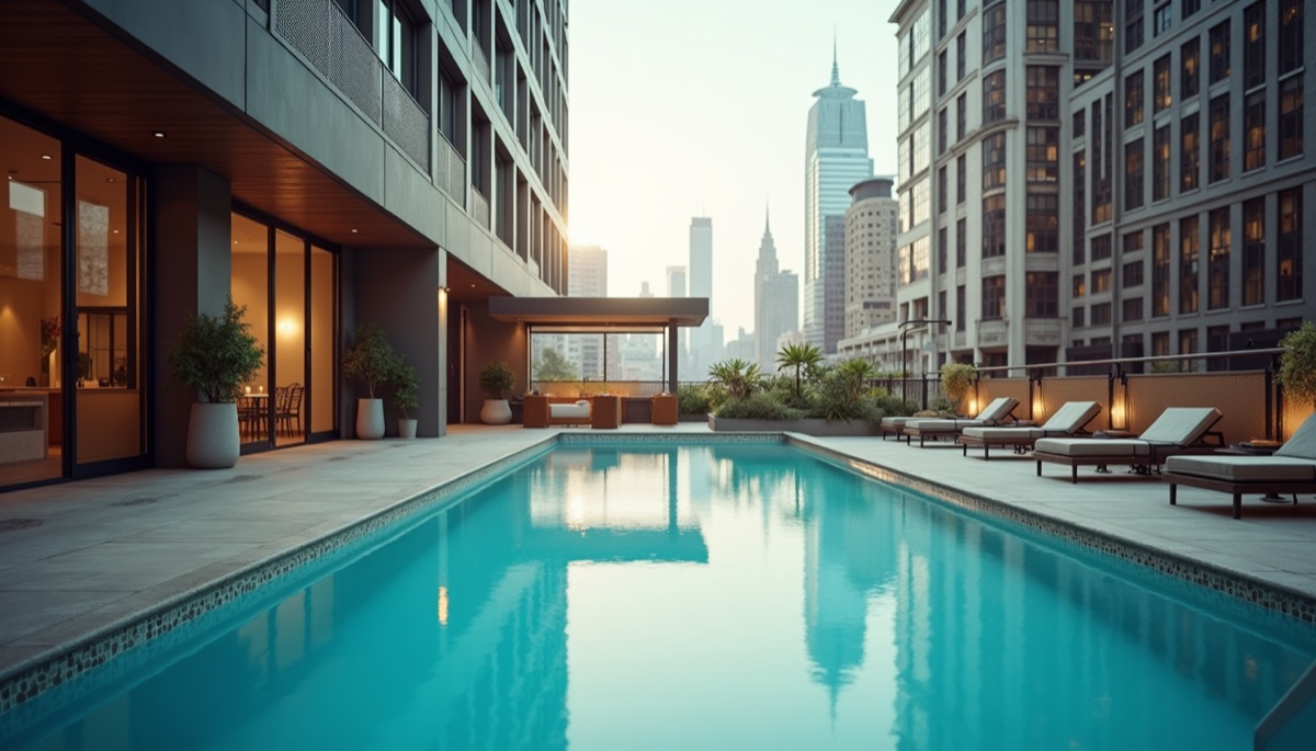 Rooftop pool with city skyline view in West Loop